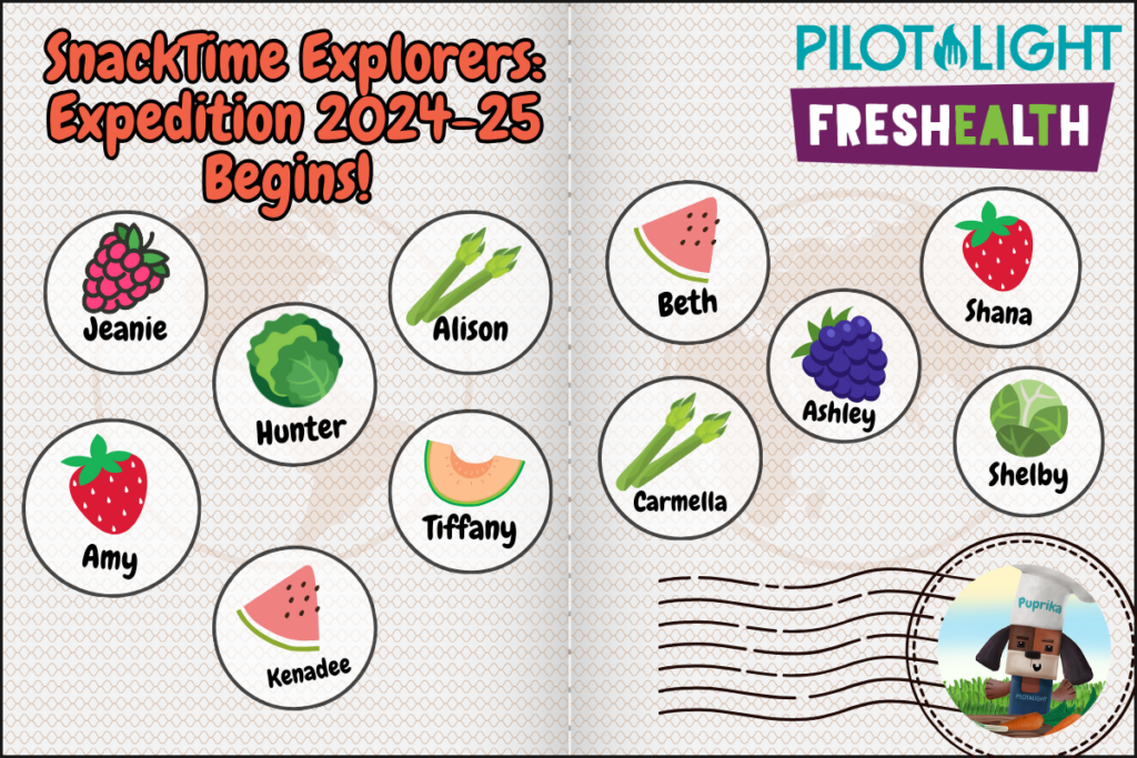 SnackTime Explorers 2024-25 Lead Teacher cohort represented by fruits and vegetables in a passport graphic.