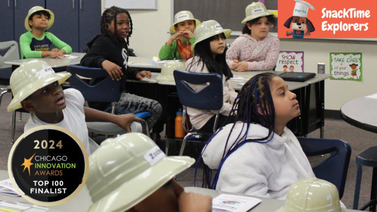 Classroom of elementary students participate in a SnackTime Explorers lesson from Pilot Light.