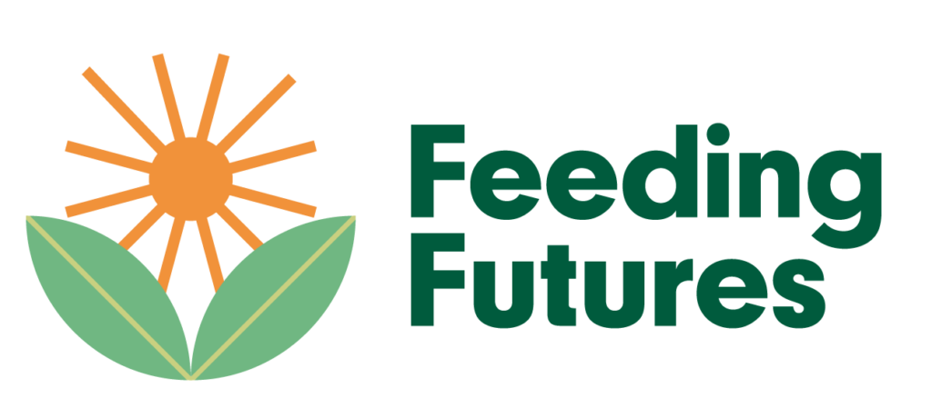 A graphic logo of a sun rising behind two leaves, and the logo for the Feeding Futures Illinois program. 